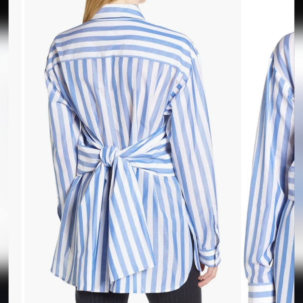 Lewit Designer Luxury Cotton Blue Striped Tie Waist Women's Blouse Medium - Picture 2 of 12